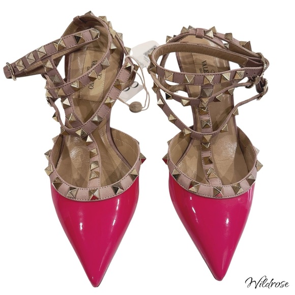 VALENTINO GARAVANI NAPPA PATENT LEATHER HOT PINK ROCKSTUD ANKLE STRAP HEELS SZ 5 - Picture 4 of 17
